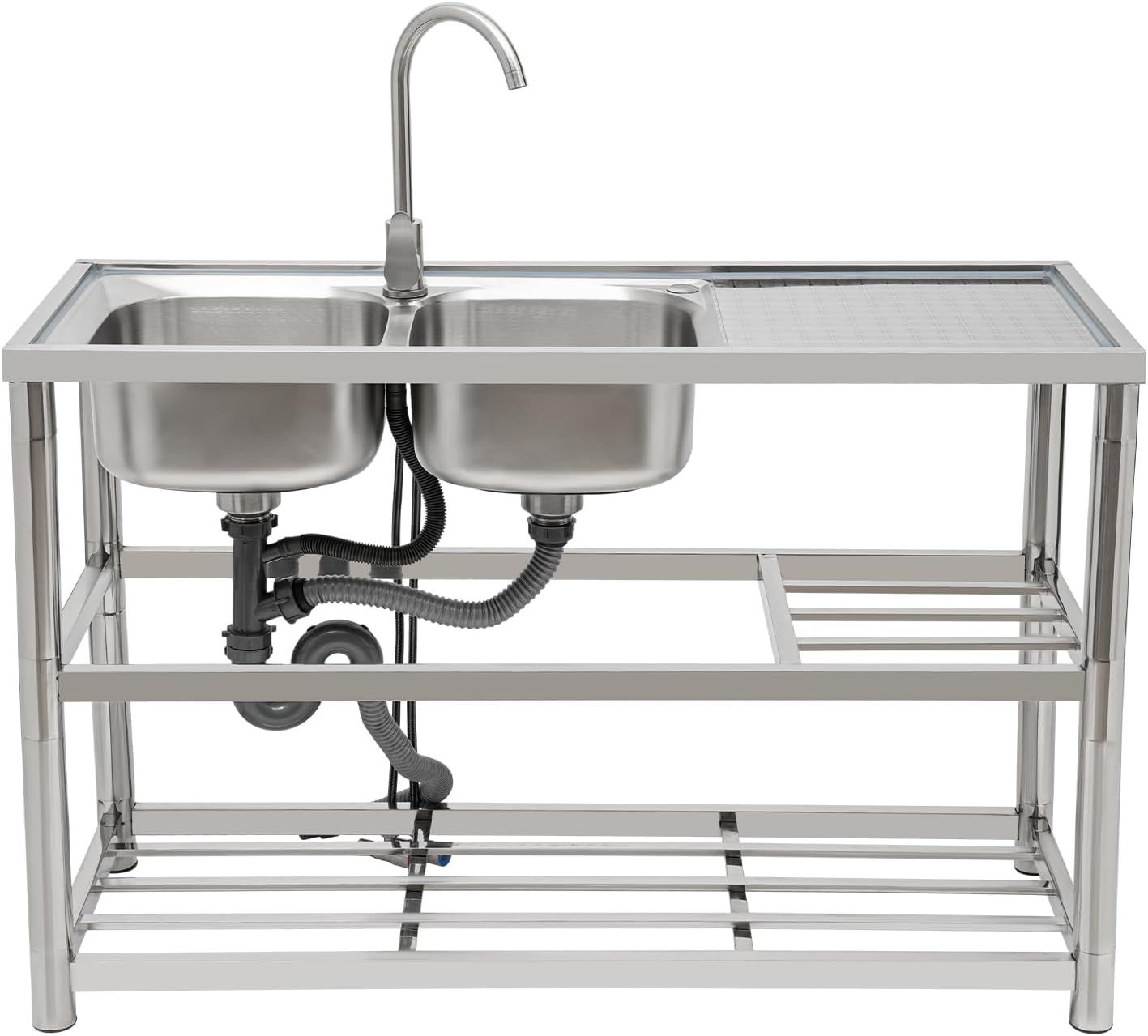 Stainless Steel Double Bowl Freestanding Kitchen Sink with Tap
