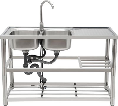 Stainless Steel Double Bowl Freestanding Kitchen Sink with Tap