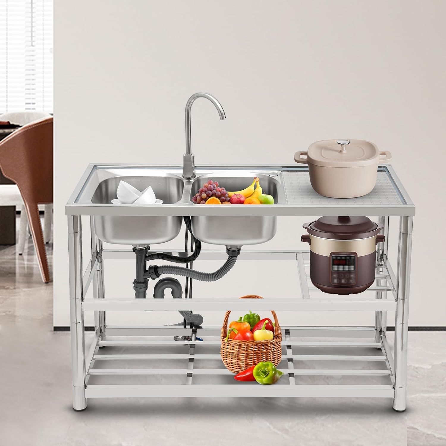 Stainless Steel Double Bowl Freestanding Kitchen Sink with Tap