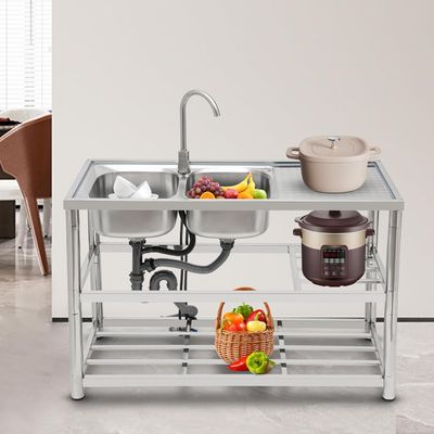 Stainless Steel Double Bowl Freestanding Kitchen Sink with Tap