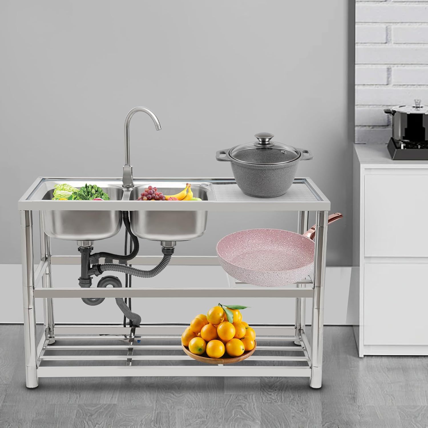 Stainless Steel Double Bowl Freestanding Kitchen Sink with Tap