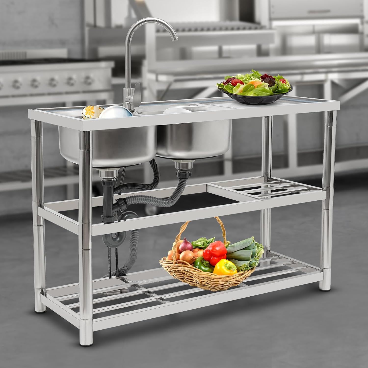 Stainless Steel Double Bowl Freestanding Kitchen Sink with Tap