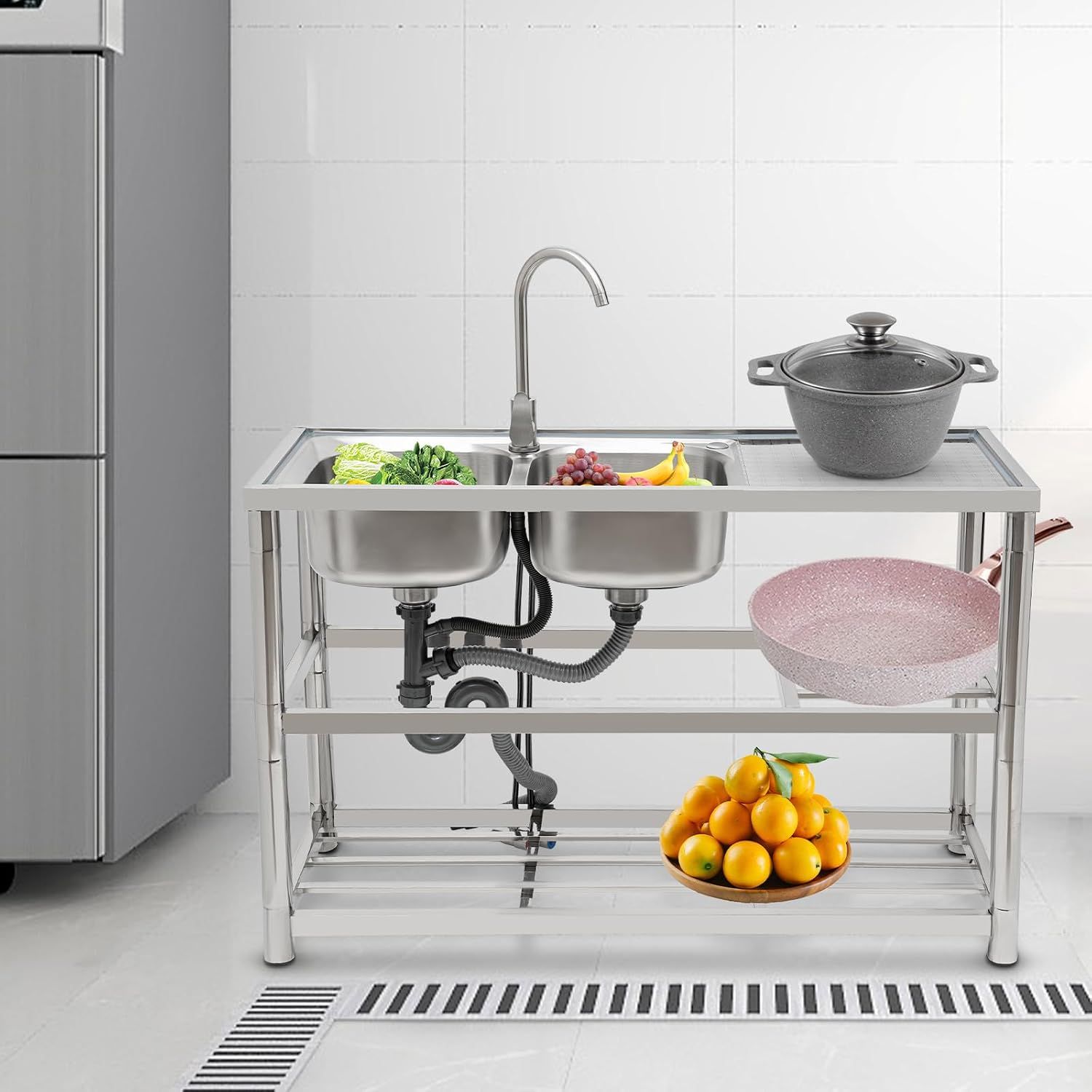 Stainless Steel Double Bowl Freestanding Kitchen Sink with Tap