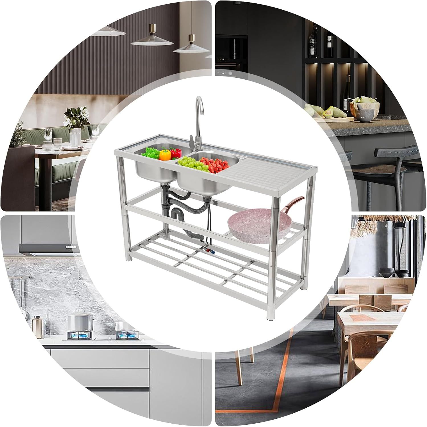 Stainless Steel Double Bowl Freestanding Kitchen Sink with Tap