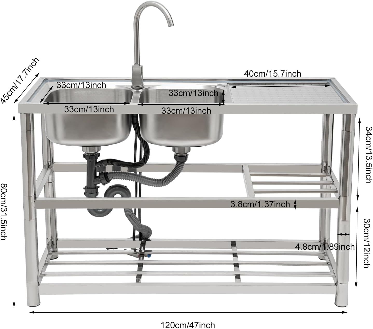 Stainless Steel Double Bowl Freestanding Kitchen Sink with Tap