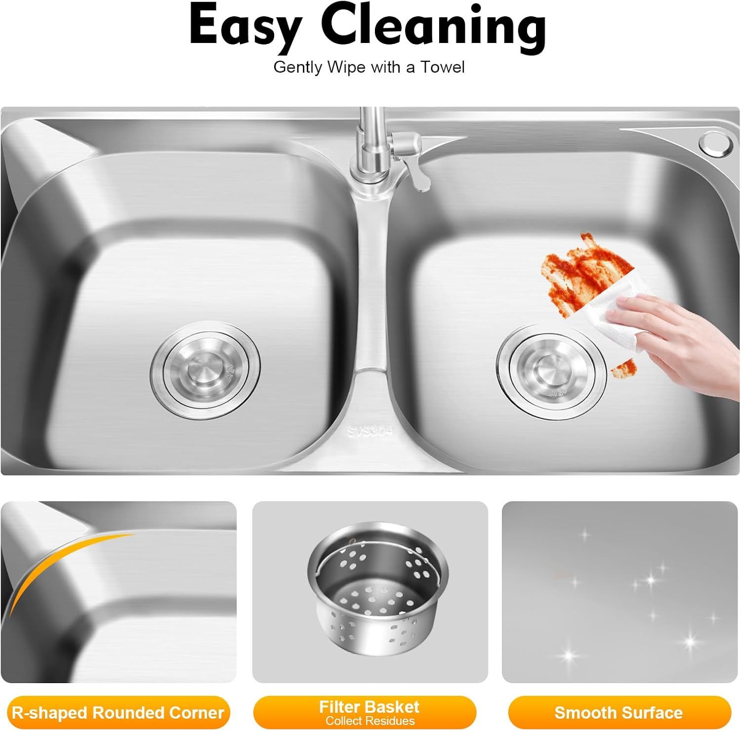 Freestanding Stainless Steel Sink with Double Basins and 360° Rotating Faucet