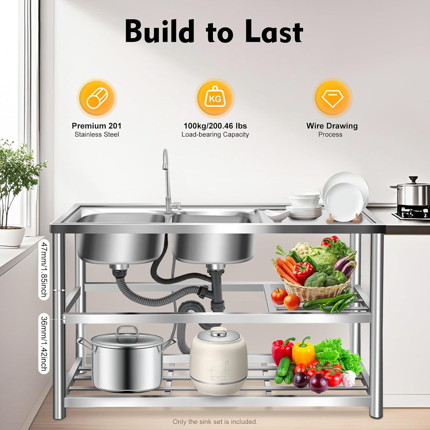 Freestanding Stainless Steel Sink with Double Basins and 360° Rotating Faucet