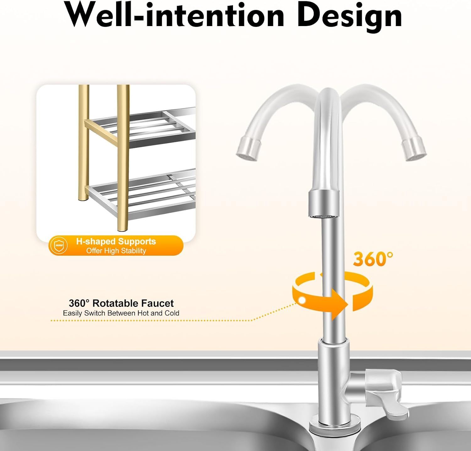 Freestanding Stainless Steel Sink with Double Basins and 360° Rotating Faucet