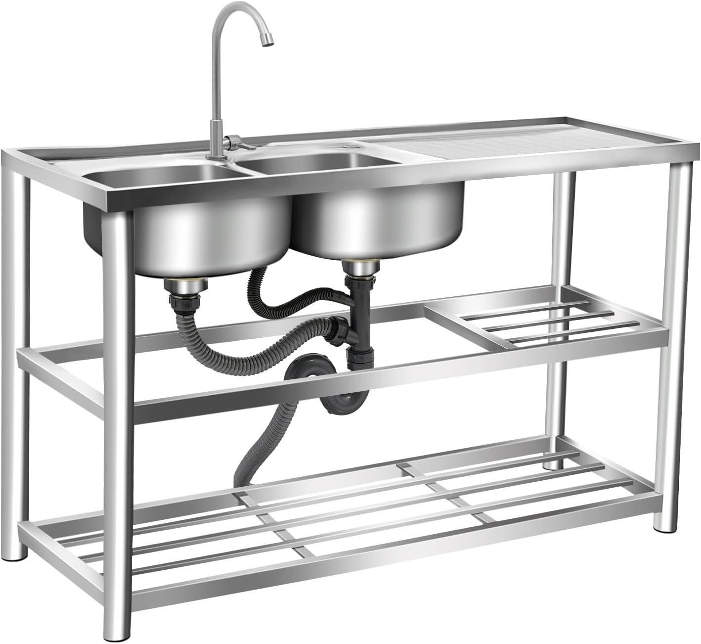 Freestanding Stainless Steel Sink with Double Basins and 360° Rotating Faucet