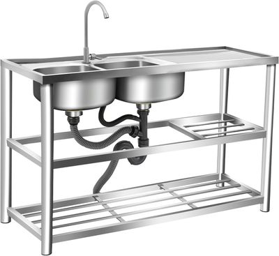 Freestanding Stainless Steel Sink with Double Basins and 360° Rotating Faucet
