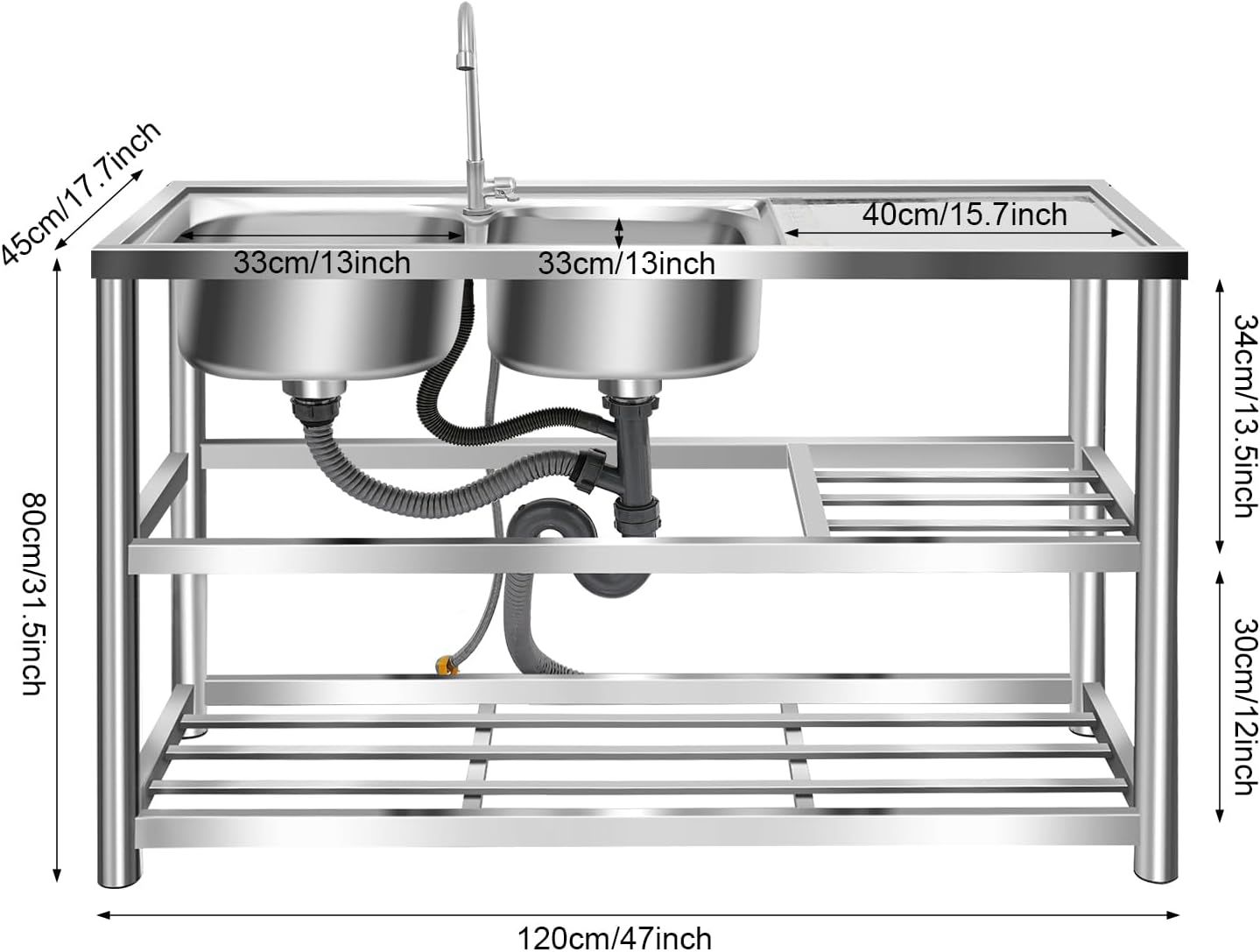 Freestanding Stainless Steel Sink with Double Basins and 360° Rotating Faucet