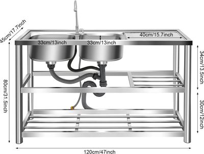 Freestanding Stainless Steel Sink with Double Basins and 360° Rotating Faucet
