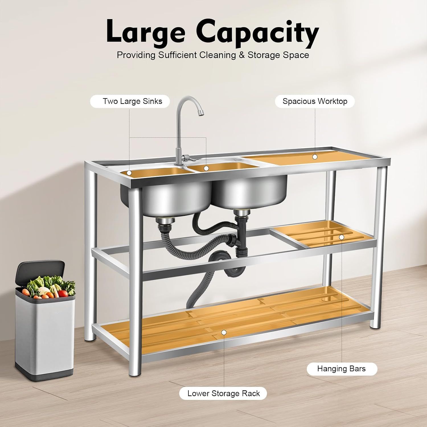 Freestanding Stainless Steel Sink with Double Basins and 360° Rotating Faucet