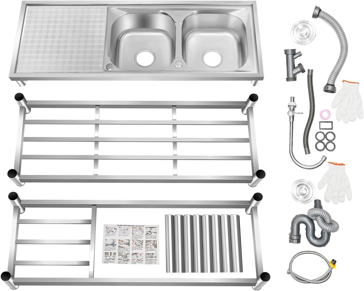 Freestanding Stainless Steel Sink with Double Basins and 360° Rotating Faucet