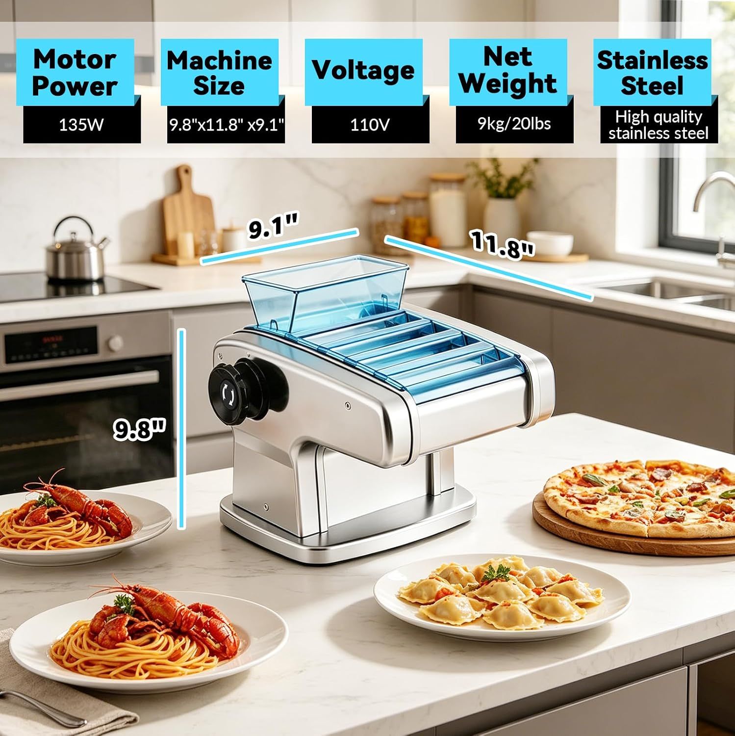 Electric Pasta Machine 9 Thickness Settings Noodle Maker
