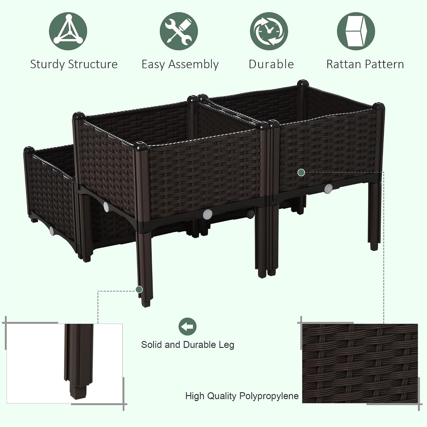Set Of 4-Piece Self-Watering Raised Garden Planter Box – 26L Rattan-Effect Outdoor Plant Pot