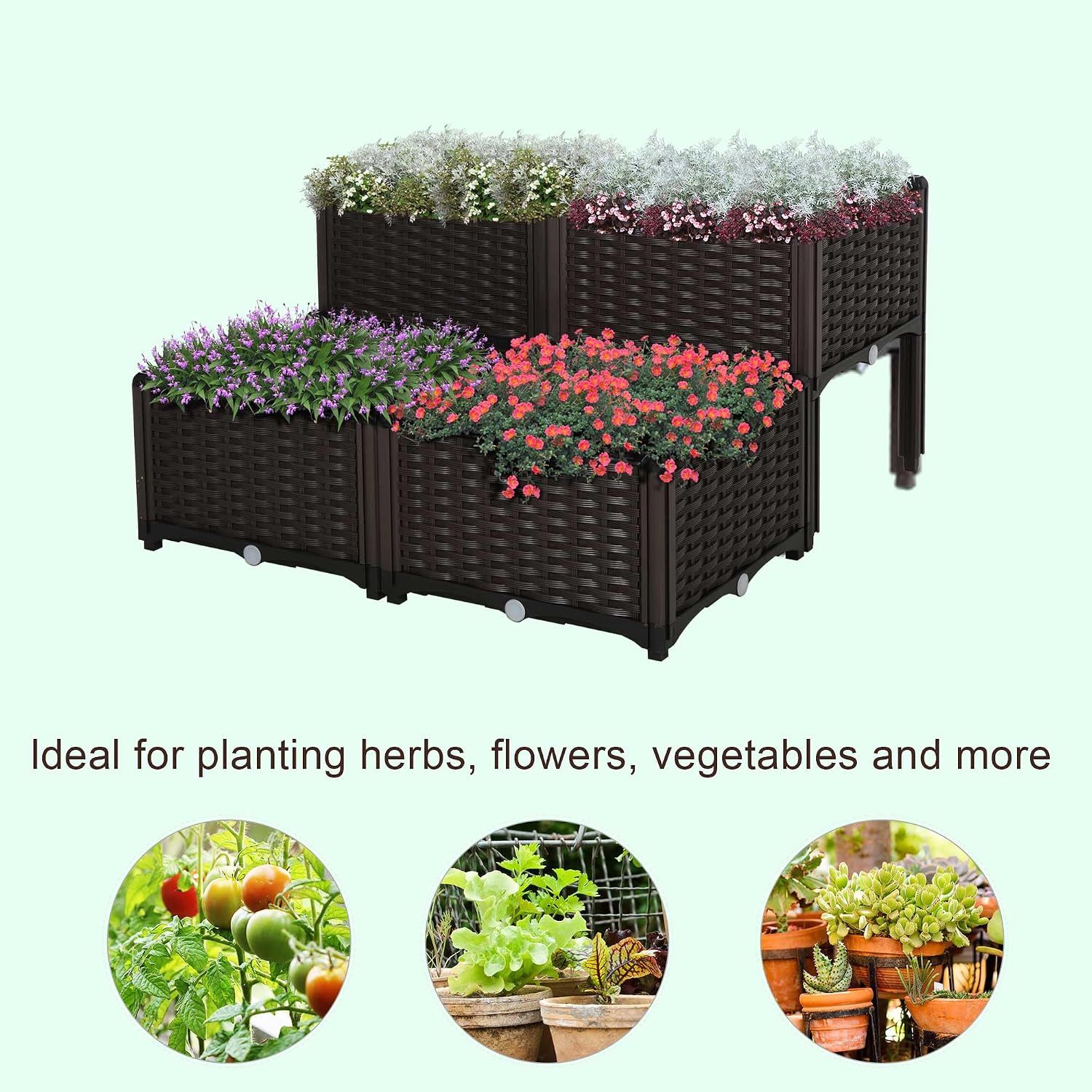 Set Of 4-Piece Self-Watering Raised Garden Planter Box – 26L Rattan-Effect Outdoor Plant Pot