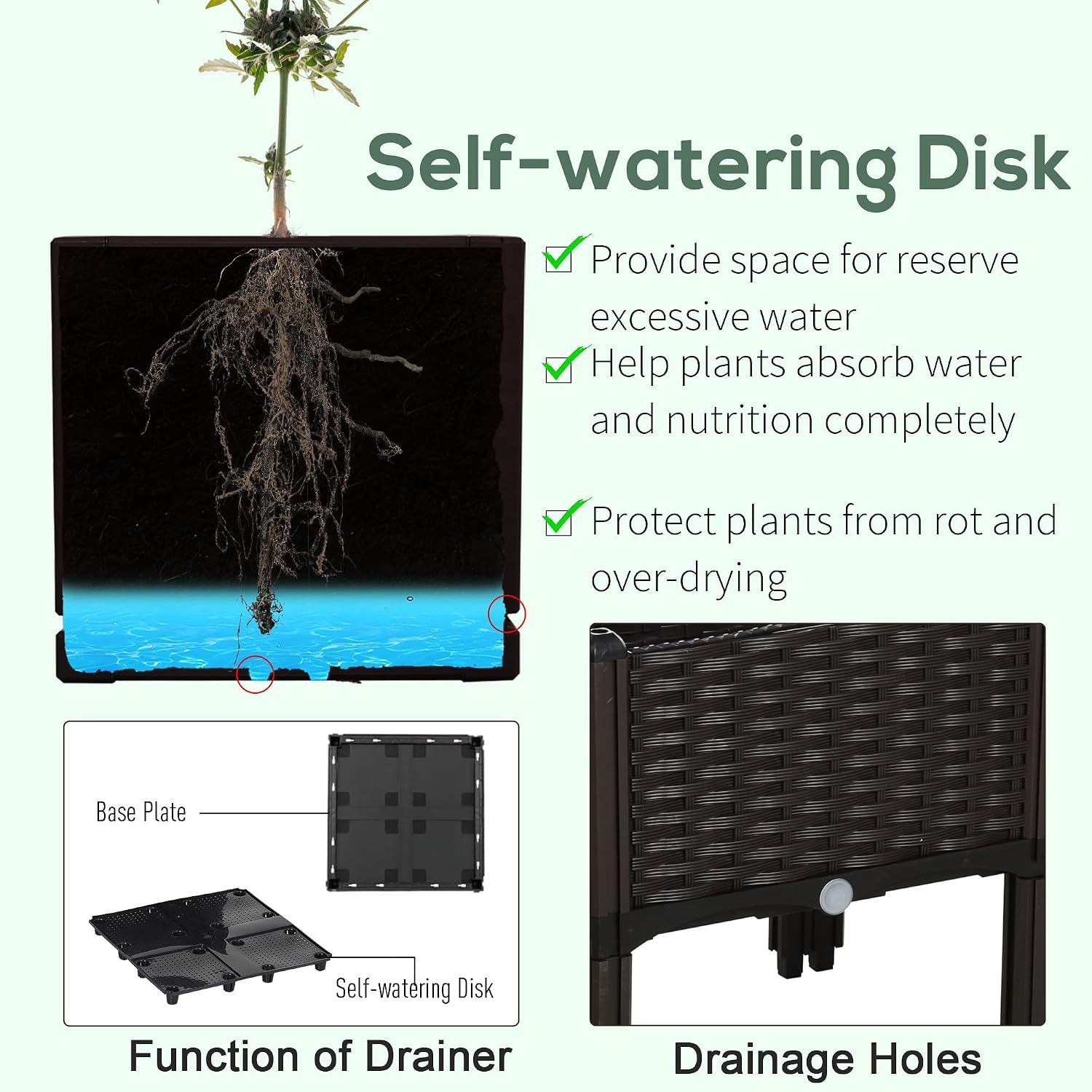 Set Of 4-Piece Self-Watering Raised Garden Planter Box – 26L Rattan-Effect Outdoor Plant Pot