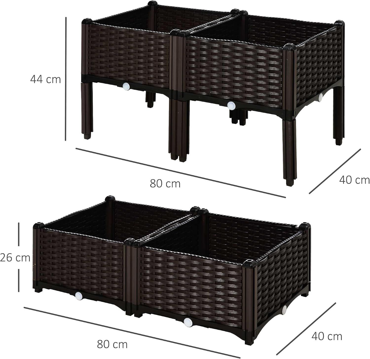 Set Of 4-Piece Self-Watering Raised Garden Planter Box – 26L Rattan-Effect Outdoor Plant Pot