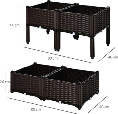 Set Of 4-Piece Self-Watering Raised Garden Planter Box – 26L Rattan-Effect Outdoor Plant Pot