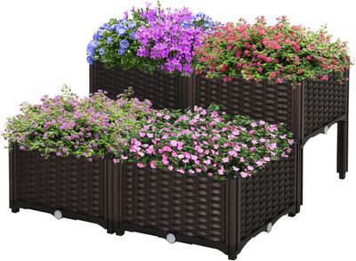 Set Of 4-Piece Self-Watering Raised Garden Planter Box – 26L Rattan-Effect Outdoor Plant Pot