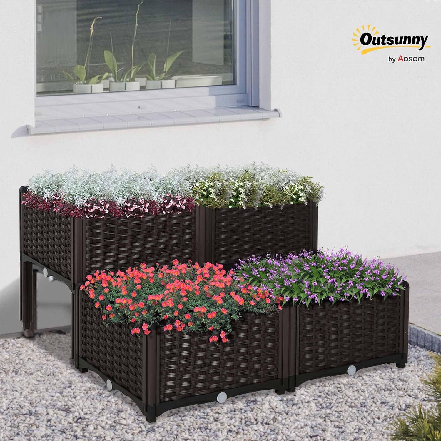 Set Of 4-Piece Self-Watering Raised Garden Planter Box – 26L Rattan-Effect Outdoor Plant Pot