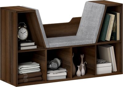 Bookcase with Cushioned Reading Seat Cube Storage Shelf Organizer Chestnut