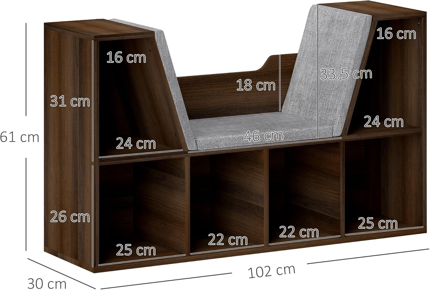 Bookcase with Cushioned Reading Seat Cube Storage Shelf Organizer Chestnut