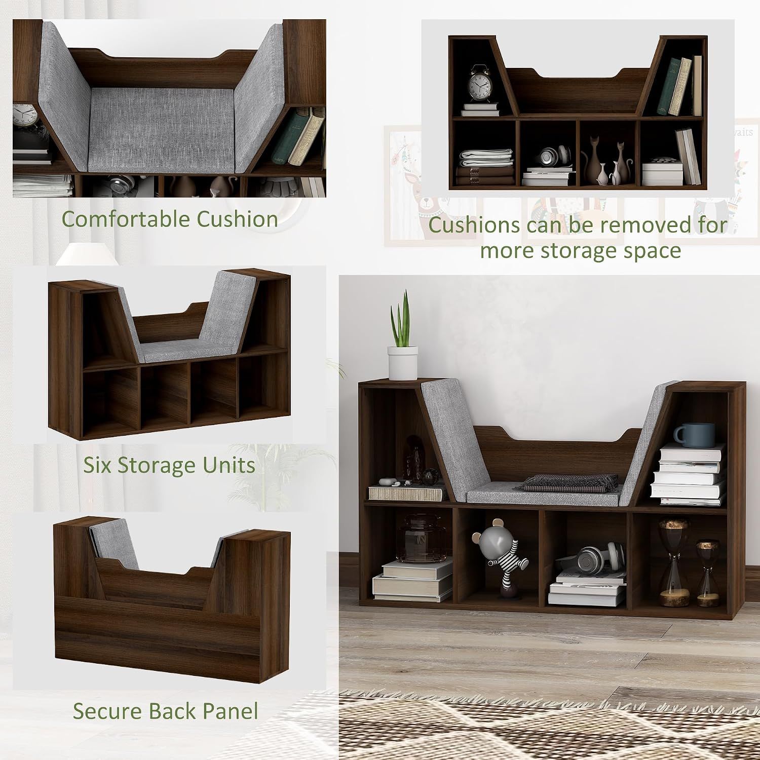 Bookcase with Cushioned Reading Seat Cube Storage Shelf Organizer Chestnut