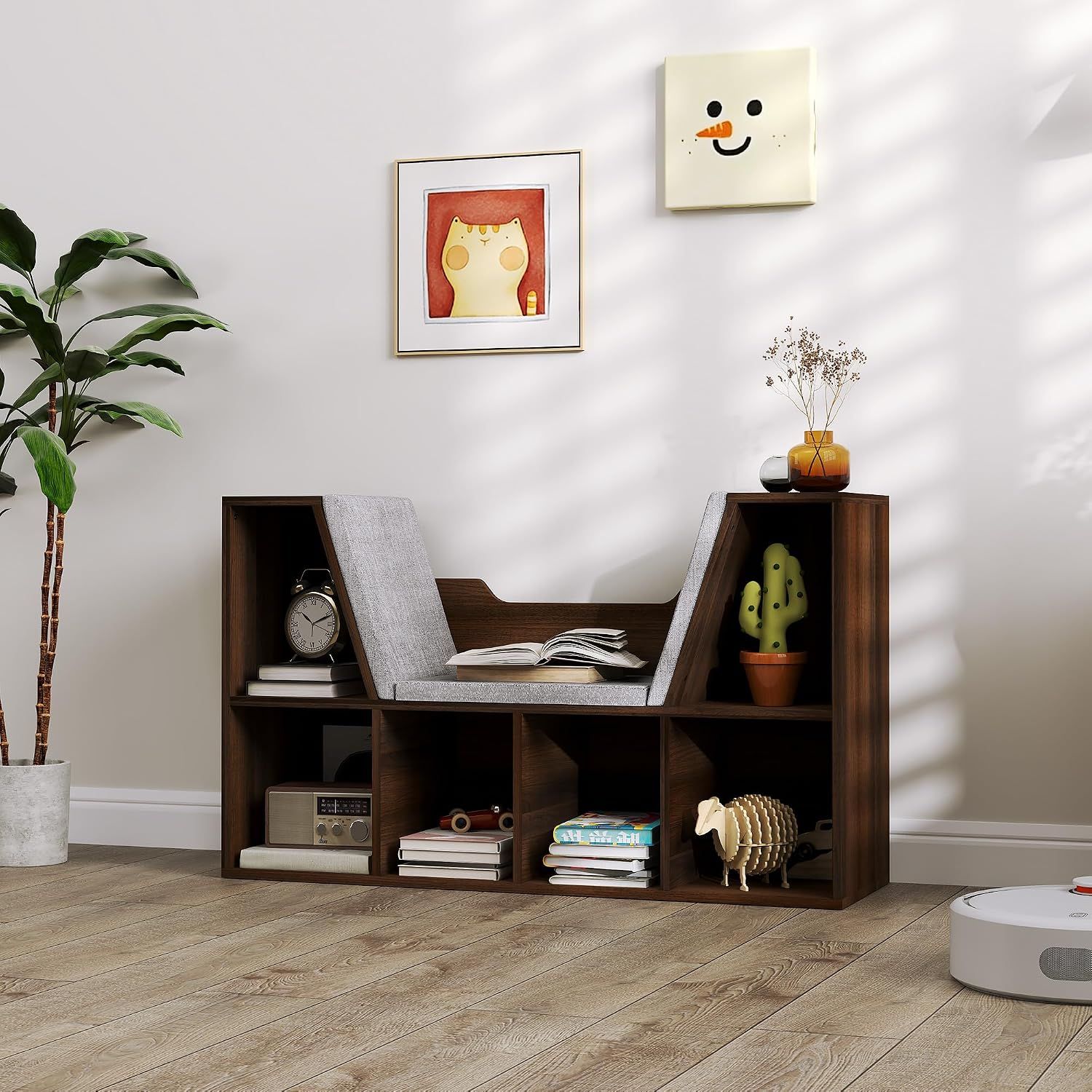 Bookcase with Cushioned Reading Seat Cube Storage Shelf Organizer Chestnut