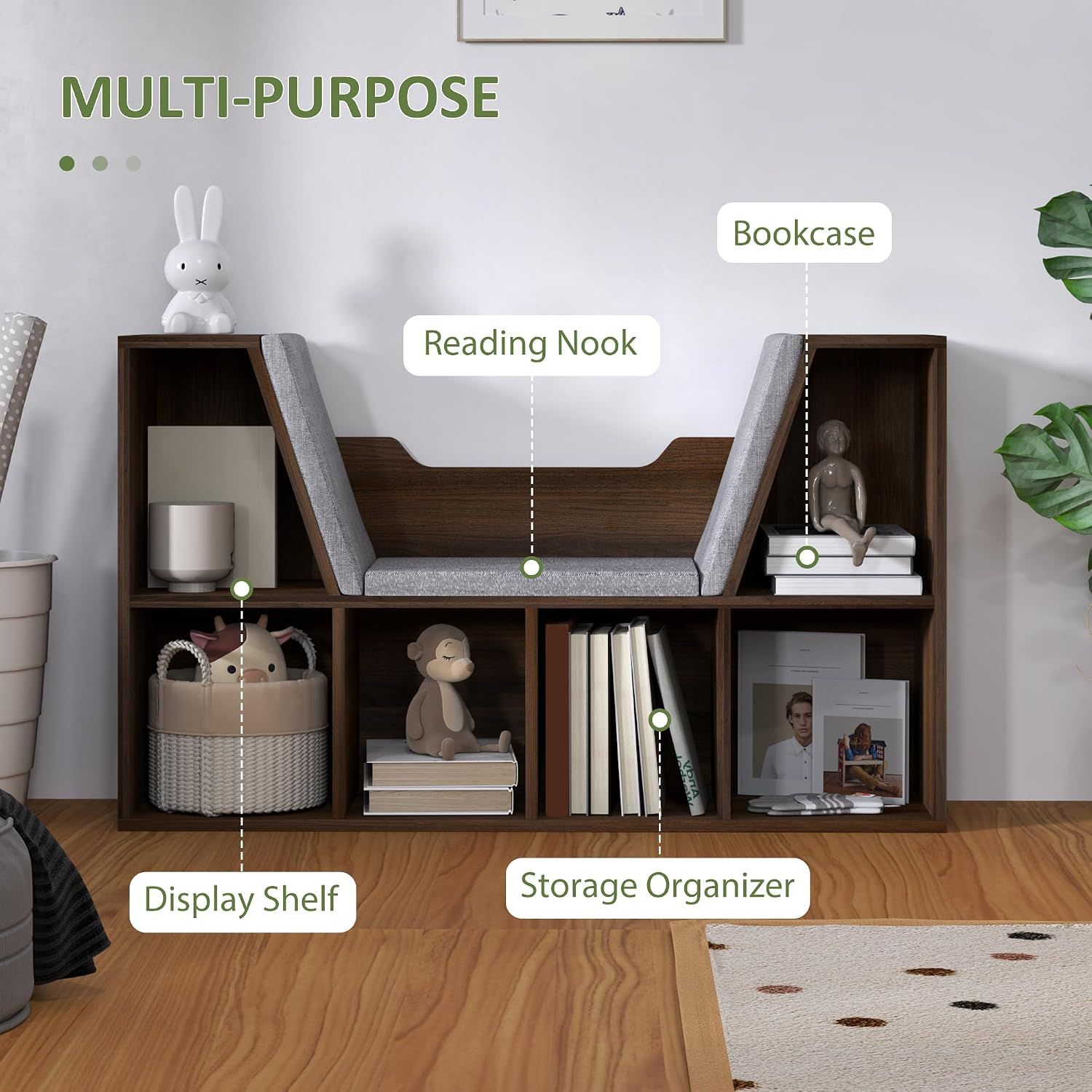 Bookcase with Cushioned Reading Seat Cube Storage Shelf Organizer Chestnut