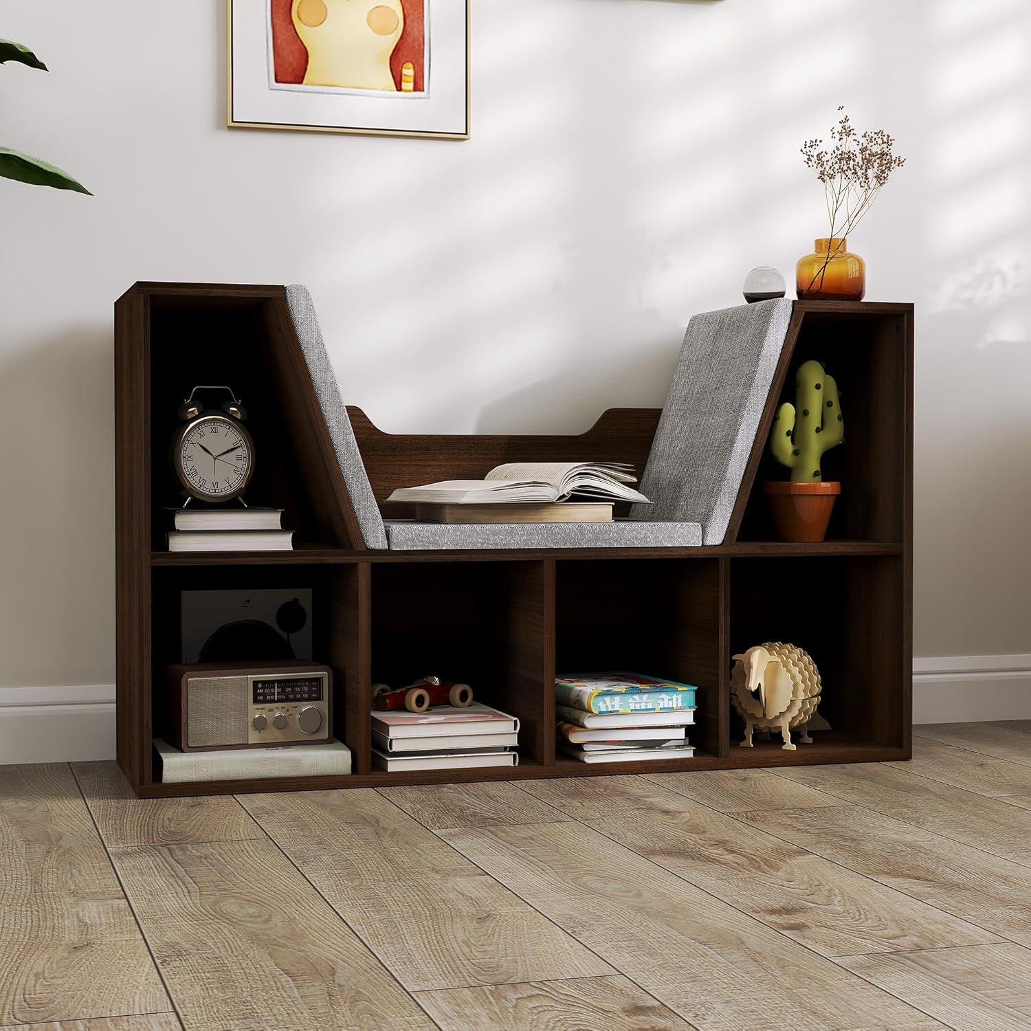 Bookcase with Cushioned Reading Seat Cube Storage Shelf Organizer Chestnut
