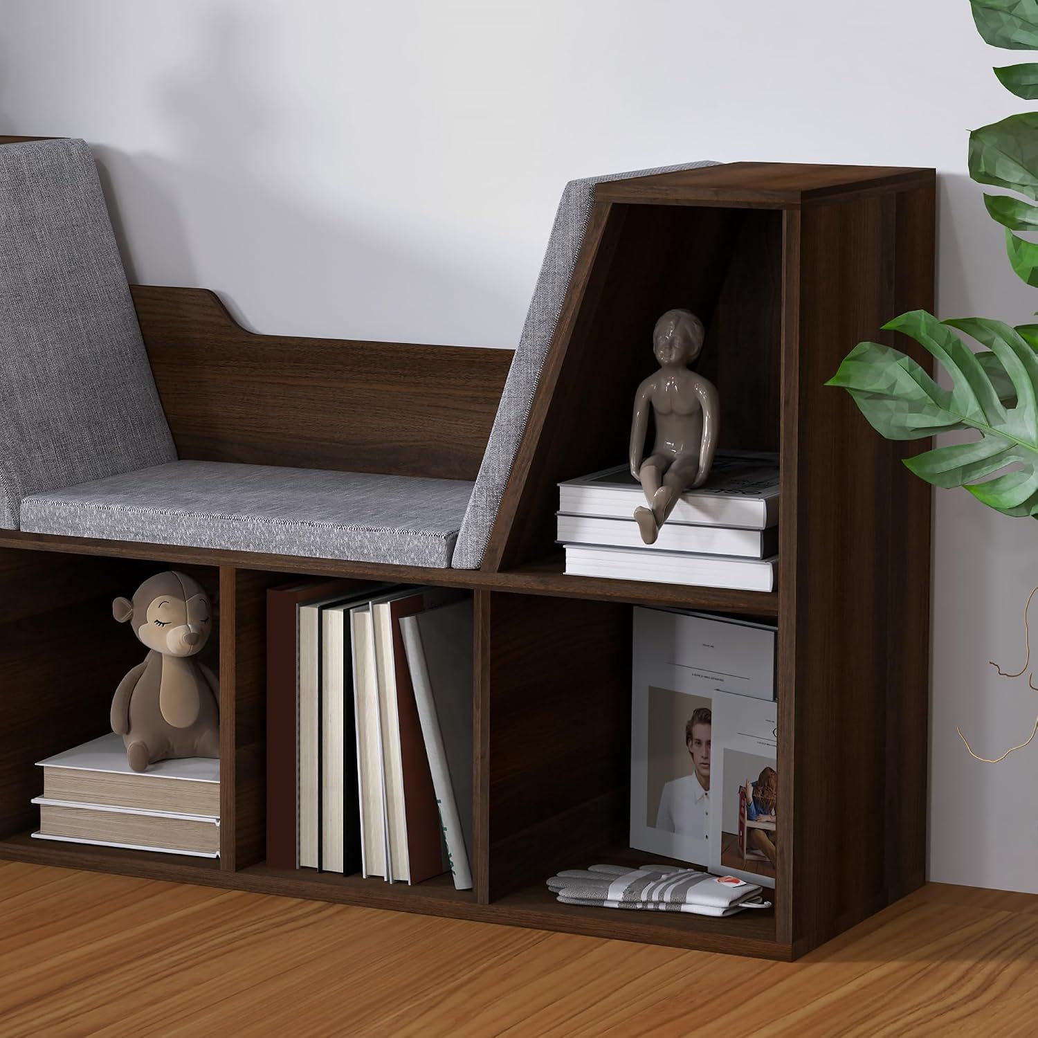Bookcase with Cushioned Reading Seat Cube Storage Shelf Organizer Chestnut