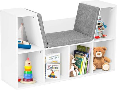 ADOV Kids Bookcase with Cushioned Reading Nook, Wooden Cube Storage Shelf and Toy Organizer