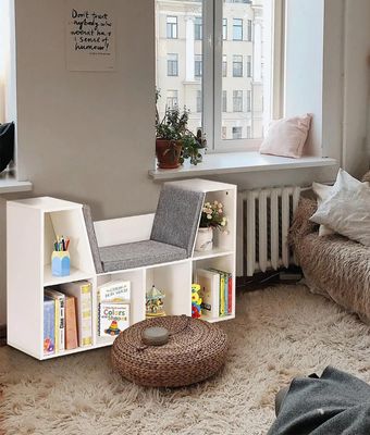 ADOV Kids Bookcase with Cushioned Reading Nook, Wooden Cube Storage Shelf and Toy Organizer