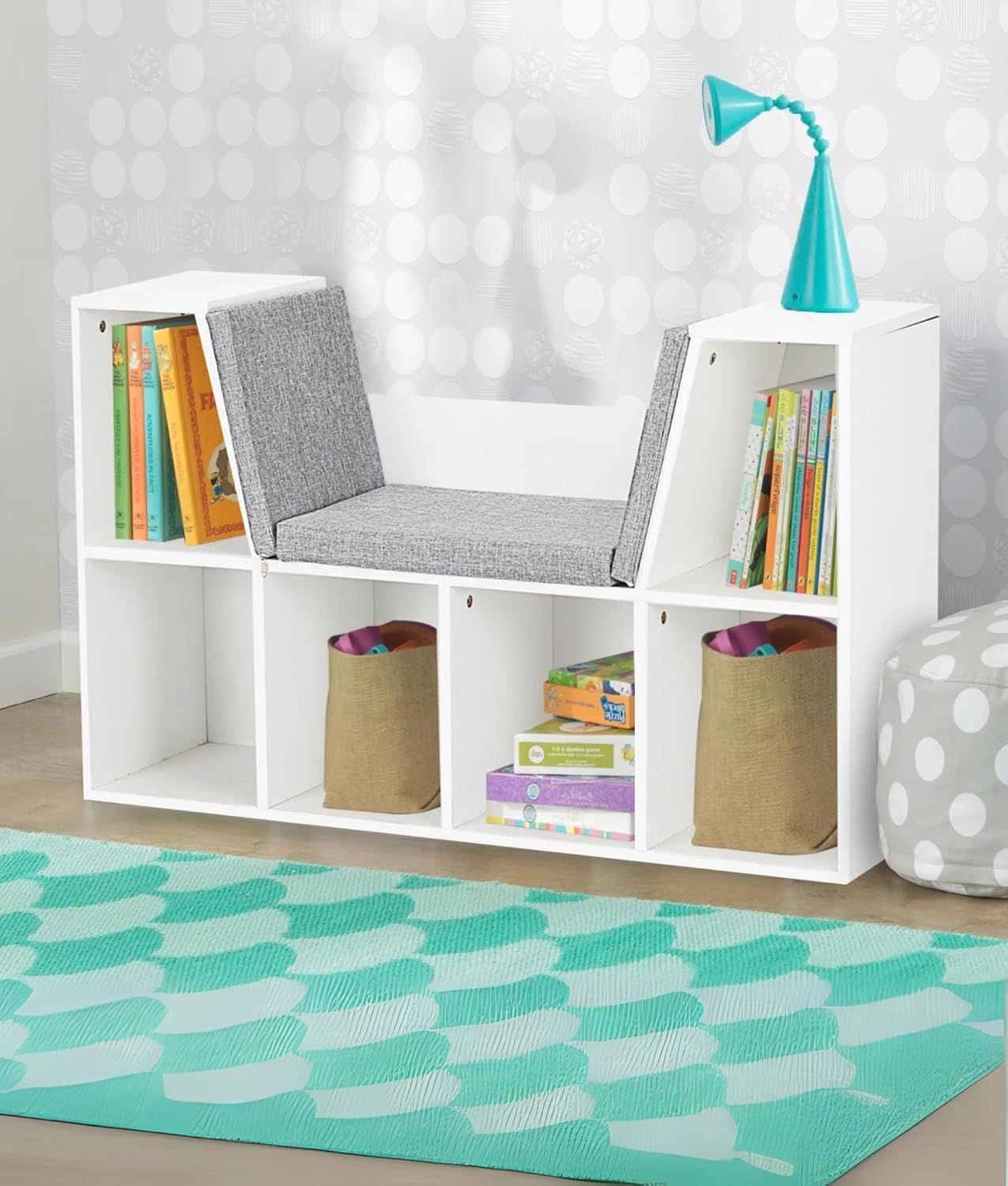 ADOV Kids Bookcase with Cushioned Reading Nook, Wooden Cube Storage Shelf and Toy Organizer