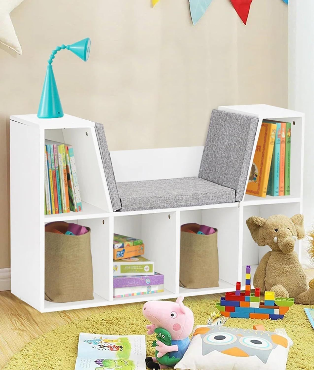 ADOV Kids Bookcase with Cushioned Reading Nook, Wooden Cube Storage Shelf and Toy Organizer
