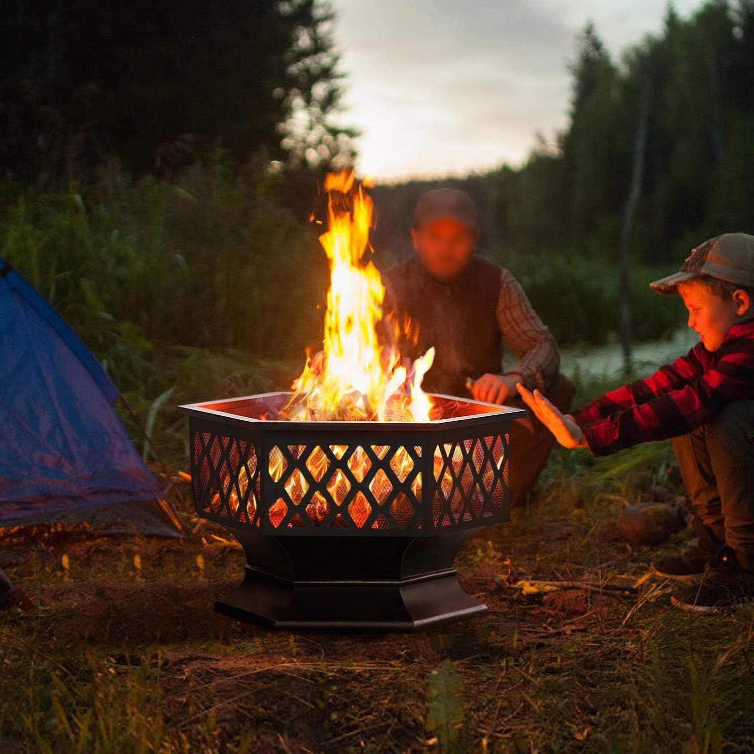 Hexagonal Fire Bowl 60.5cm with Spark Guard Poker