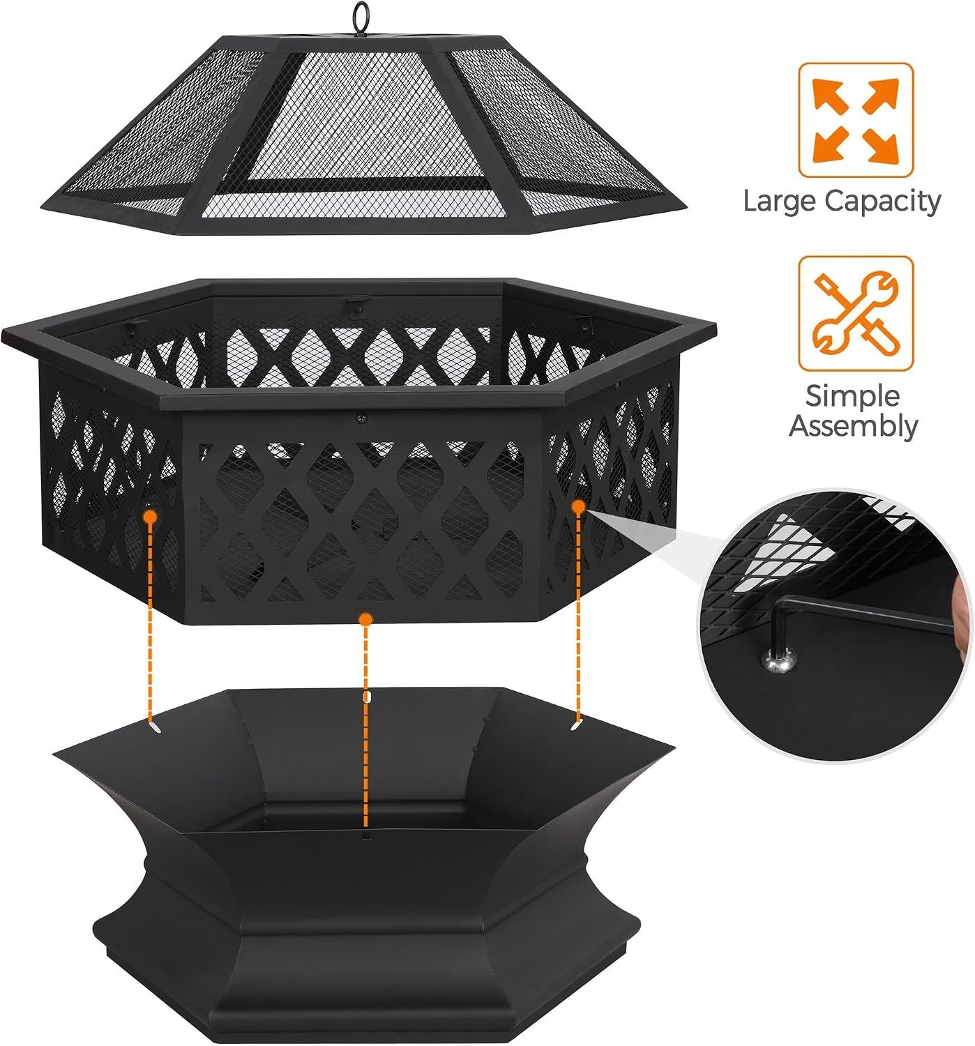 Hexagonal Fire Bowl 60.5cm with Spark Guard Poker