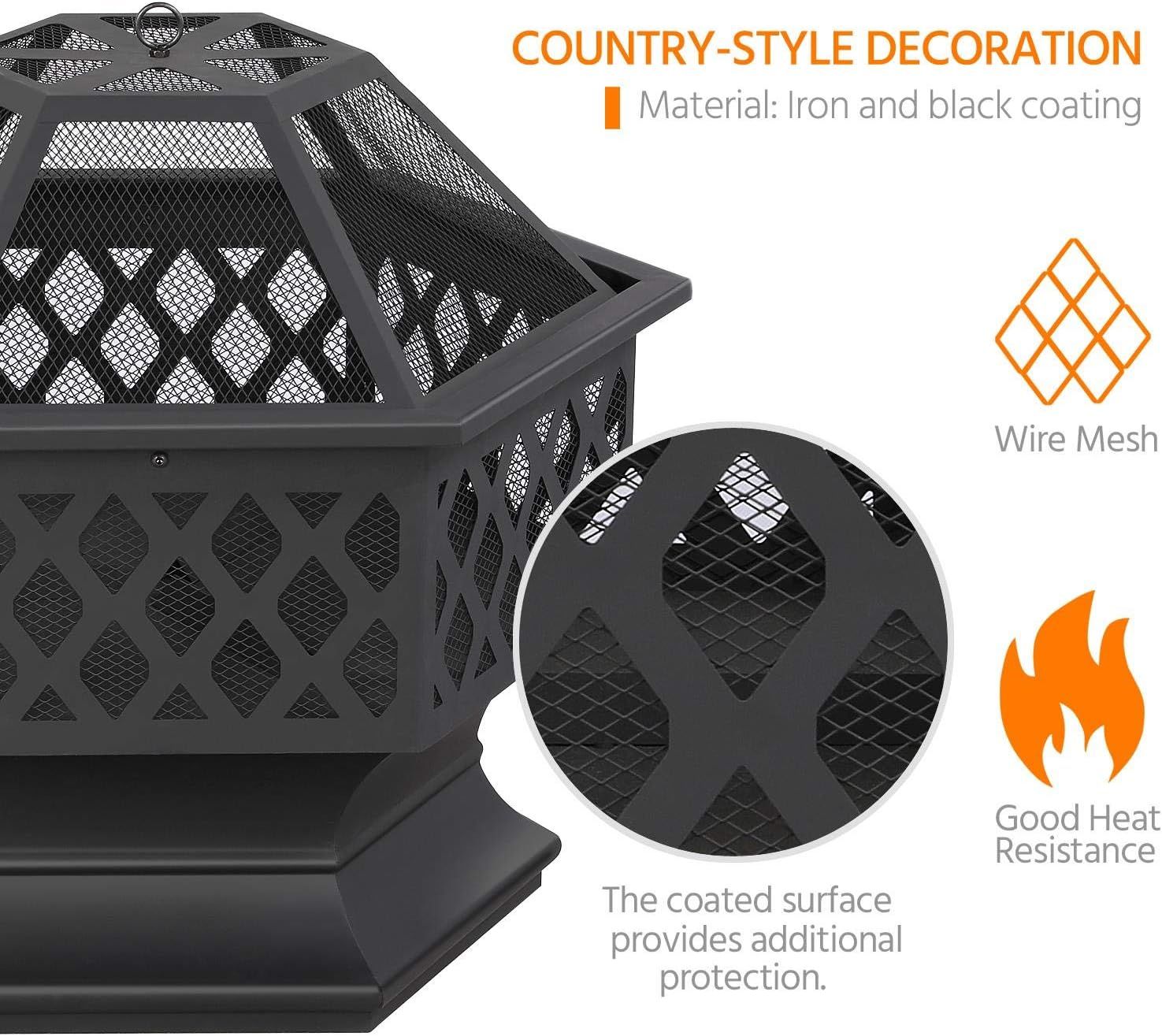 Hexagonal Fire Bowl 60.5cm with Spark Guard Poker