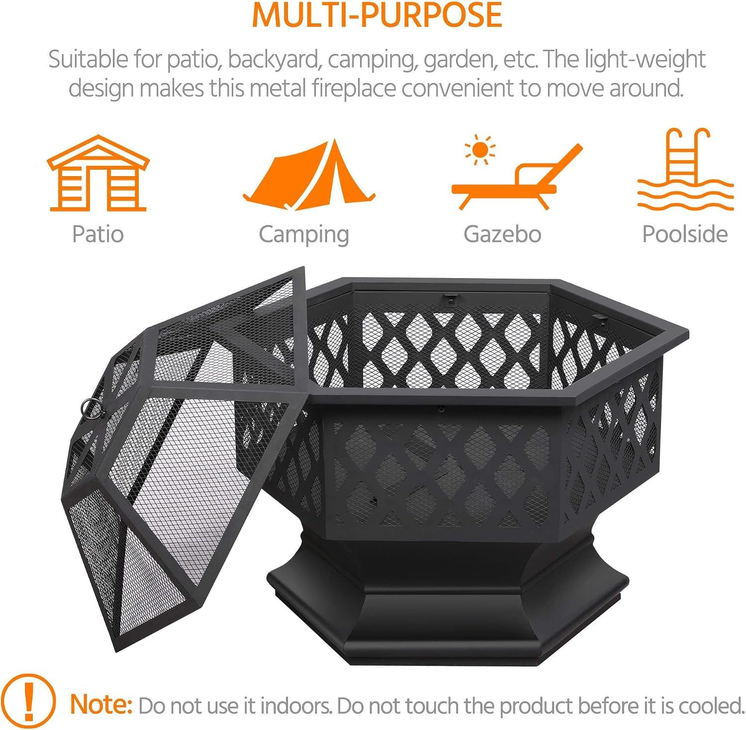 Hexagonal Fire Bowl 60.5cm with Spark Guard Poker