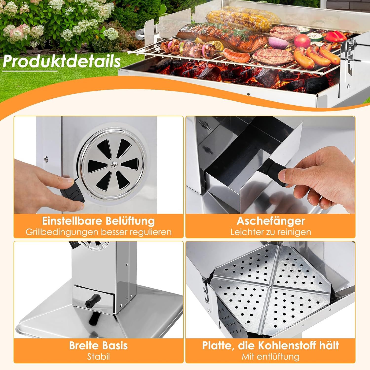 Portable Stainless Steel Charcoal BBQ Grill 3-Level