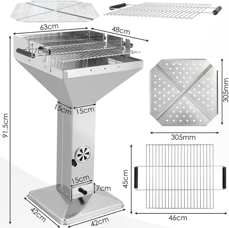 Portable Stainless Steel Charcoal BBQ Grill 3-Level