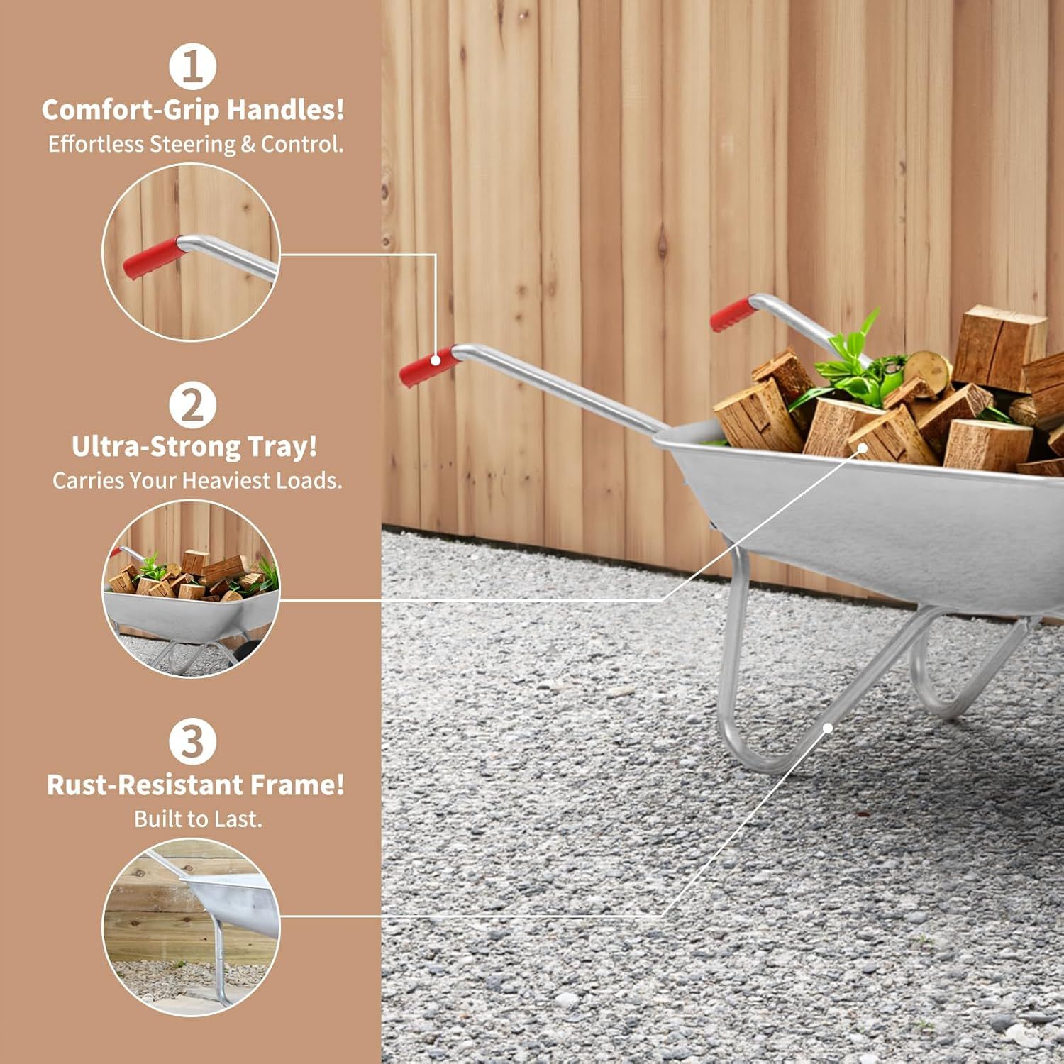 65L Heavy Duty Garden Wheelbarrow with Pneumatic Tyre 100kg Capacity