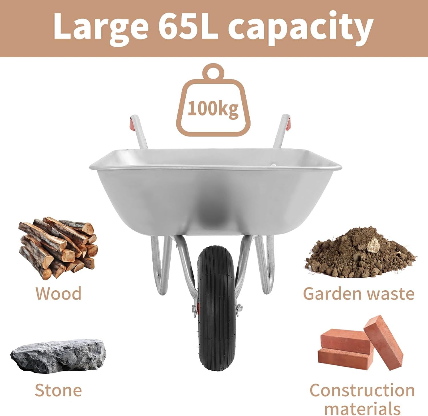 65L Heavy Duty Garden Wheelbarrow with Pneumatic Tyre 100kg Capacity