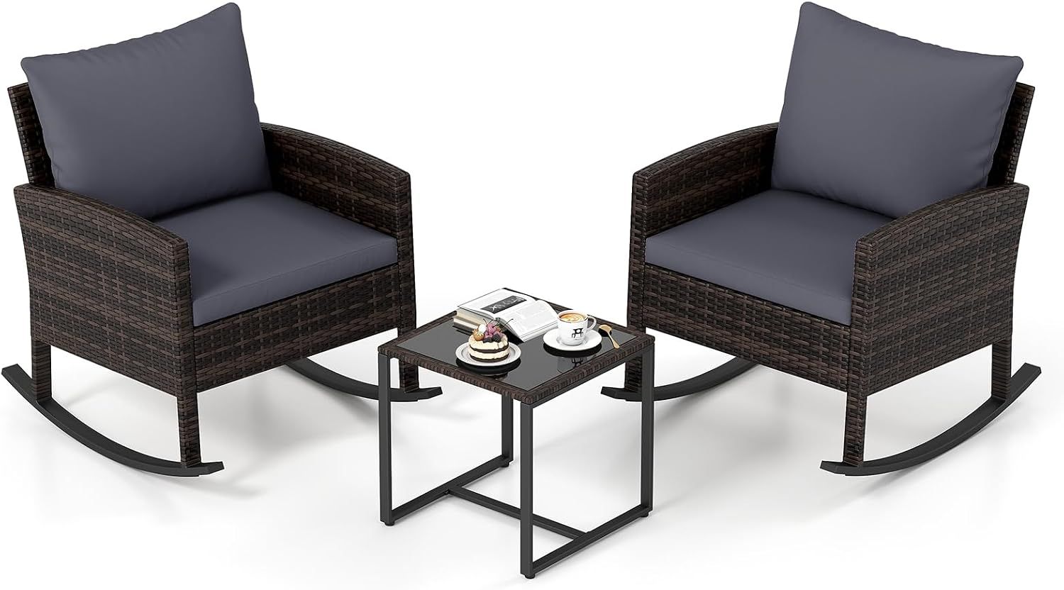3 Piece Rattan Garden Furniture Set 2 Rocking Chairs