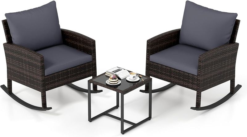 3 Piece Rattan Garden Furniture Set 2 Rocking Chairs