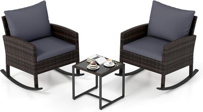 3 Piece Rattan Garden Furniture Set 2 Rocking Chairs