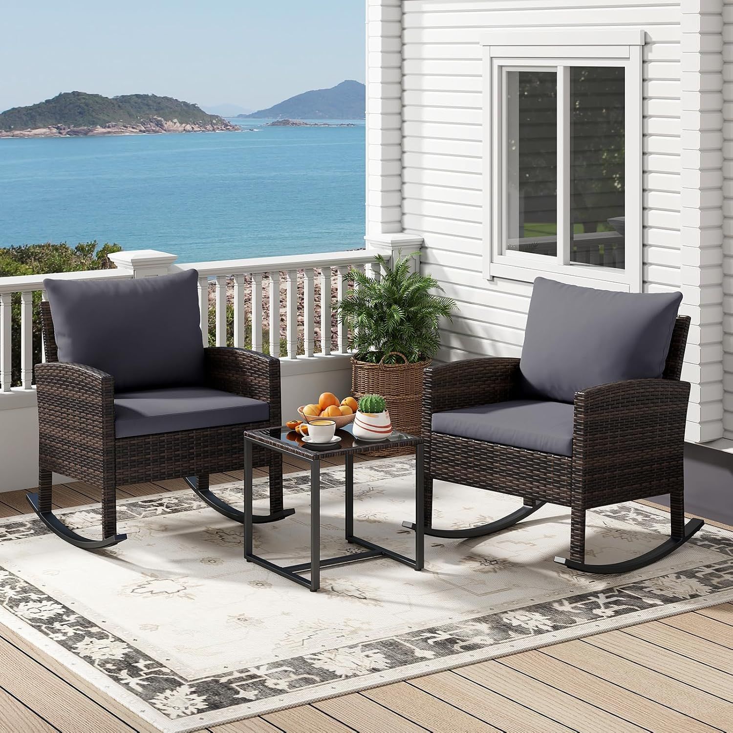 3 Piece Rattan Garden Furniture Set 2 Rocking Chairs