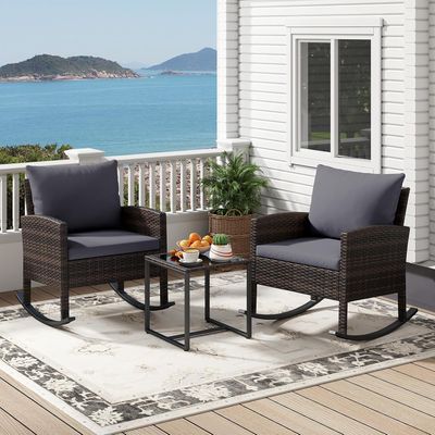 3 Piece Rattan Garden Furniture Set 2 Rocking Chairs